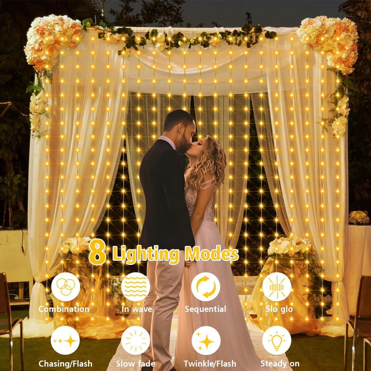 Solar Curtain Lights 7.9ft x 6ft 144 LED Outdoor Curtain Lights Waterproof with Timer 8 Modes for Christmas Garden Patio Fence Wedding Wall Window Gazebo Decor - Warm White echosari