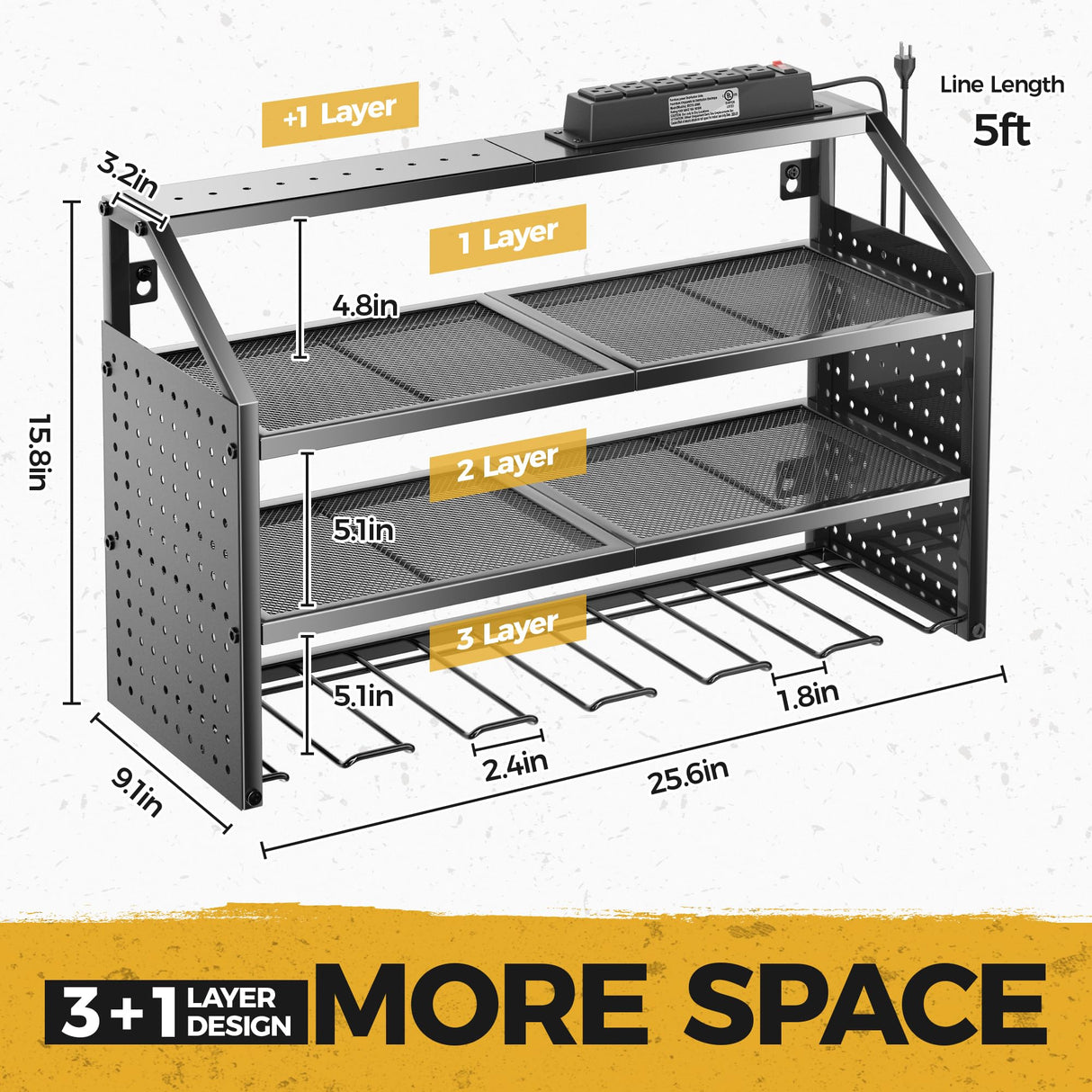 LBT 4 Layer Power Tool Organizer Wall Mount With Charging Station, Patented, 6 Outlet Power Strip, 6 Drill Holder, Heavy Duty Metal Garage Tool Storage Rack, Gifts For Men Fathers Day LBT