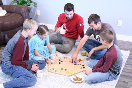 AmishToyBox.com Wahoo Wooden Marble Game Board Set - Large 24" Wide - Solid Oak Wood - Double-Sided - with Large 22mm Marbles and Dice Included AmishToyBox.com