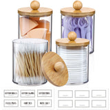 4 Pack Qtip Holder Dispenser with Bamboo Lids - 10 oz Clear Plastic Apothecary Jar Containers for Vanity Makeup Organizer Storage - Bathroom Accessories Set for Cotton Swab, Ball, Pads, Floss VITEVER