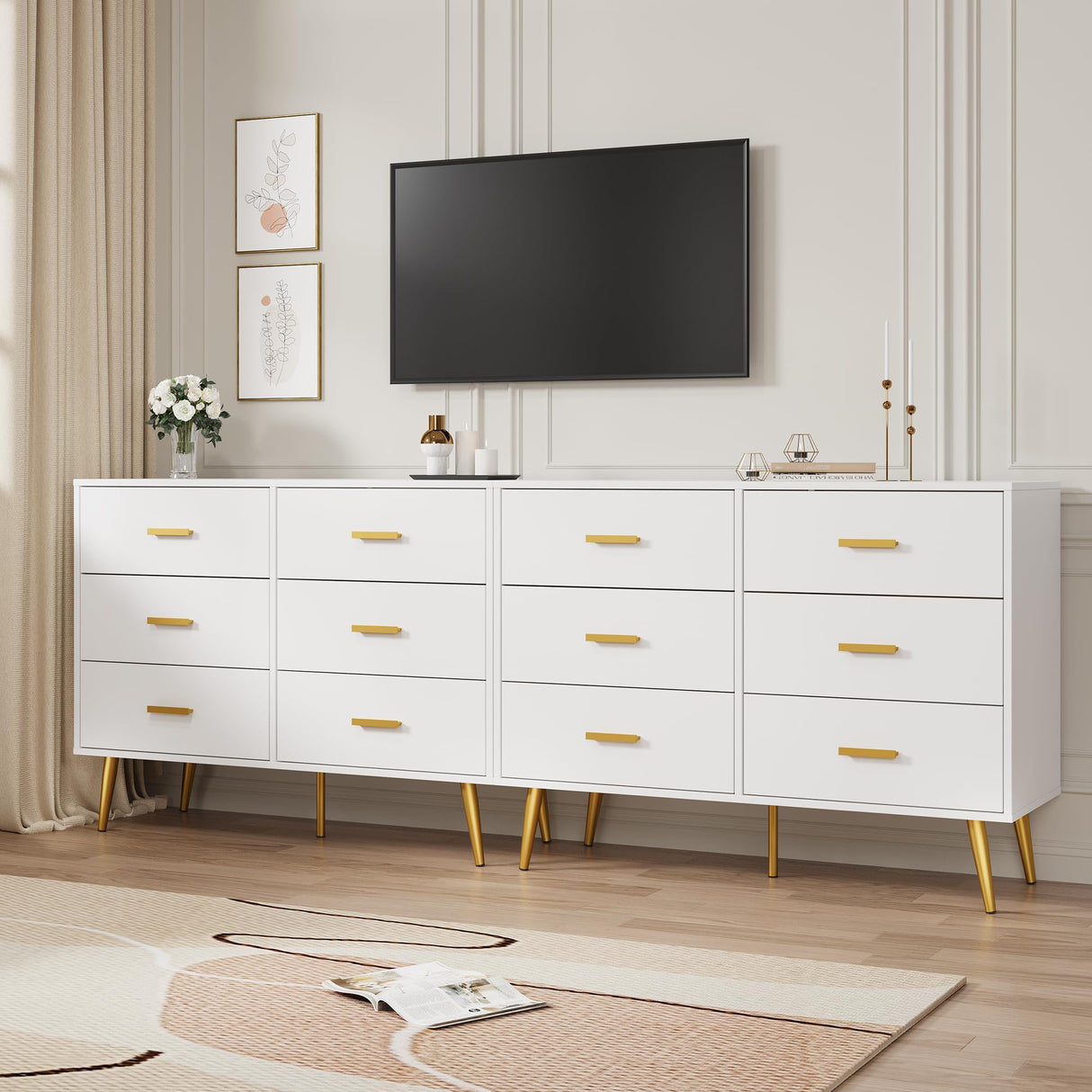 GarveeHome 6 Drawer Dresser, Modern Wooden Dresser with Gold Handles and Storage Space, Chest of Drawers for Bedroom, Hallway, Living Room and Entryway, White GarveeHome