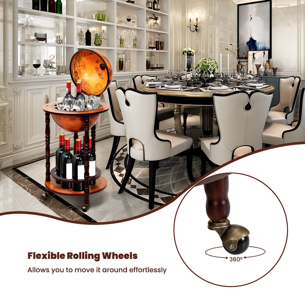 COSTWAY Globe Wine Bar Cabinet, Italian Replica Bar Cart with Wheels and Liquor Bottle Shelf, Solid Wood Wine Bar Stand for Home, Kitchen, Bar, Pub (Brown) COSTWAY