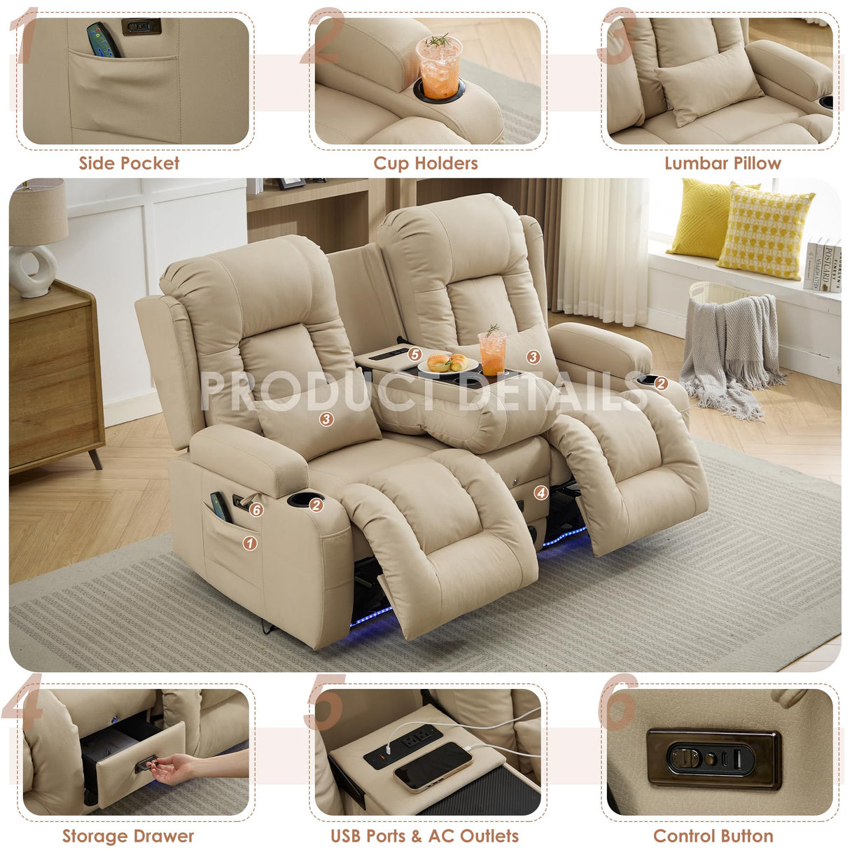 TUNYI Wall Hugger Power Loveseat Recliner - Reclining Loveseat with Console Theater Seating RV Recliner Sofa with USB/Outlet/Speaker/Cup Holder/LED Light/Storage (Beige) TUNYI