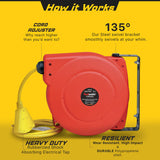 ReelWorks Retractable Extension Cord Reel Polypropylene 12AWG x 40' Foot Industrial Commercial Grade 3C SJT Cable Triple Tap Connector 15A 125VAC 1875W 60Hz Current Interrupter Best for Indoor Use ReelWorks