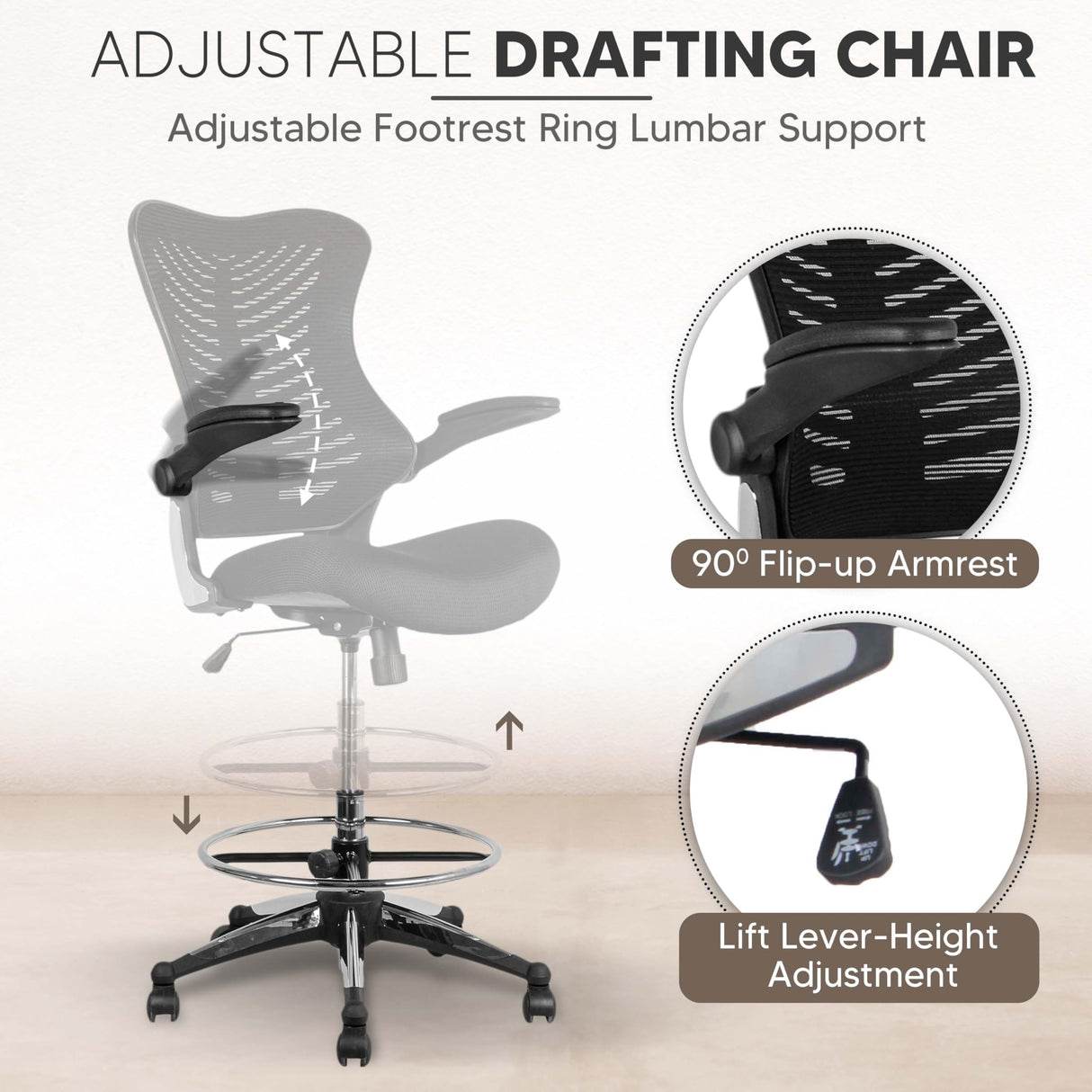 OfficeFactor Ergonomic Drafting Chair Tall Office Chair Standing Desk Chair Flip up Armrests Molded Foam Seat with Adjustable Footrest Ring Lumbar Support (Black MESH Fabric) OFFICE FACTOR