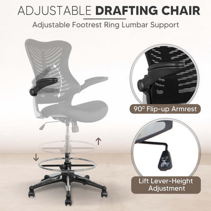 OfficeFactor Ergonomic Drafting Chair Tall Office Chair Standing Desk Chair Flip up Armrests Molded Foam Seat with Adjustable Footrest Ring Lumbar Support (Black MESH Fabric) - WoodArtSupply