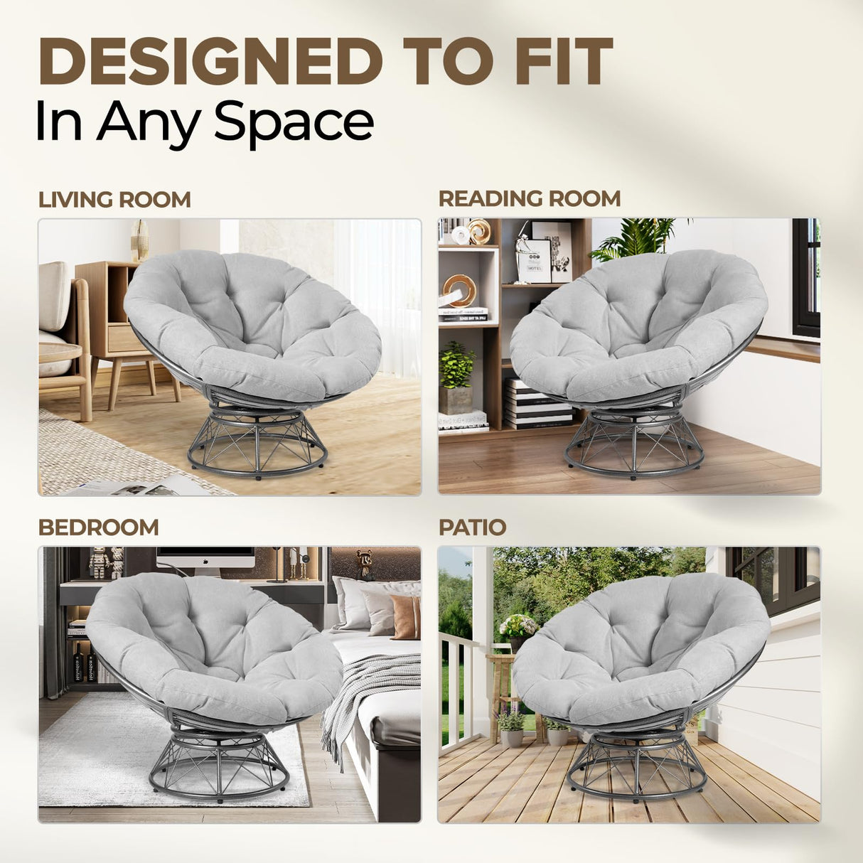 CraftVie Premium Oversized Papasan Chair with Cushion and Frame – 48'' Extra-Thick Cushion (7'' + Exclusive 1.75'' Support Pad), Supports 450 lbs – 360° Swivel Bedroom Chair, or Reading Chair CraftVie