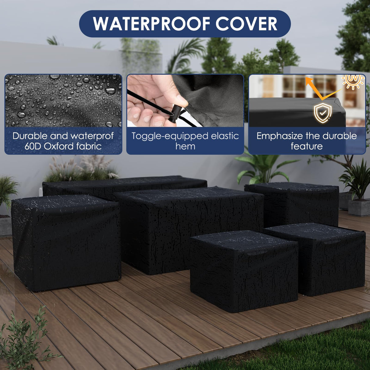 Amopatio Outdoor Patio Furniture Sets, 8 Pieces Wicker Patio Furniture, Outdoor Sectional Patio Couch Set with Ottoman, Outdoor Conversation Set with 44" Gas Fire Pit (Navy Blue) Amopatio