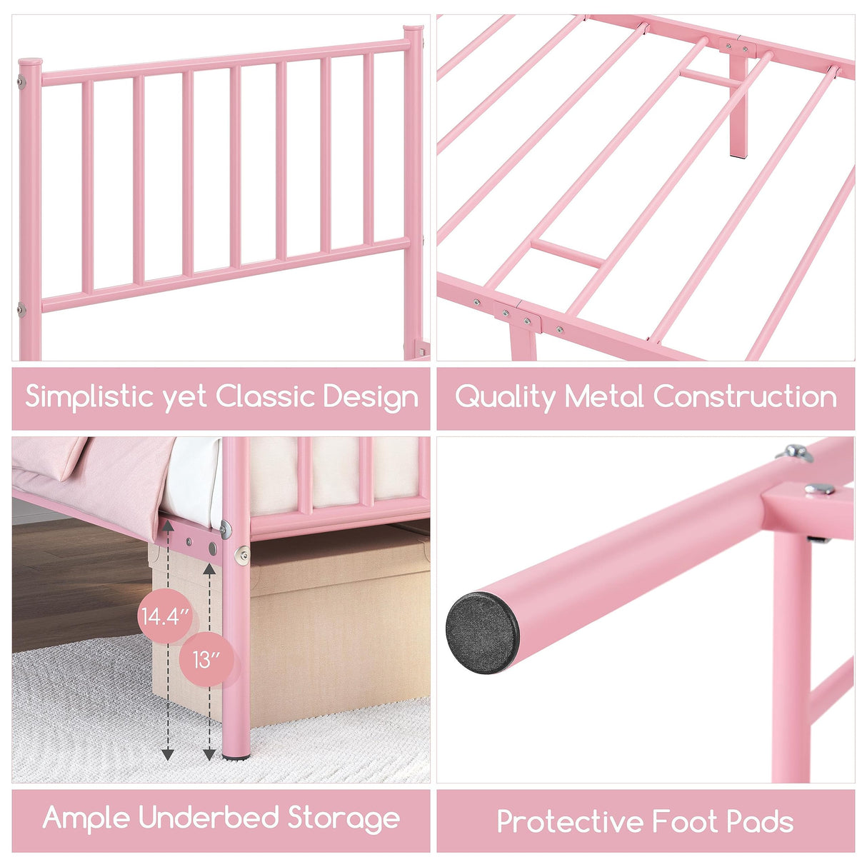 Yaheetech Twin Size Bed Frame Metal Platform Bed Frame Mattress Foundation with Spindle Headboard & Footboard/No Box Spring Needed/14 Inch Underbed Storage/Firm Support & Easy Set up Structure, Pink Yaheetech
