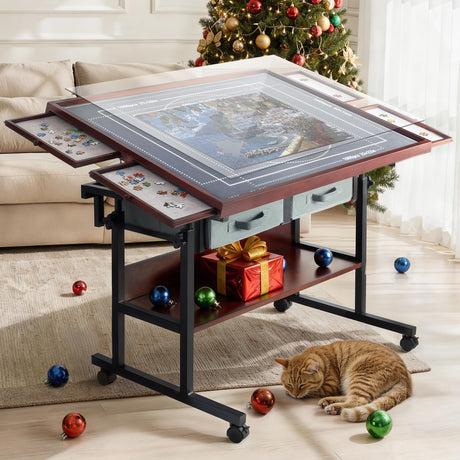 Ostutry Rotating Puzzle Table with Drawers - 1500 Pieces Wooden Jigsaw Table, Adjustable Puzzle Board for Adults Ostutry