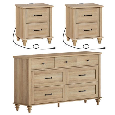 WAMPAT 3 Piece Bedroom Set - Includes 7 Drawer Dresser for Bedroom, Set of 2 Night Stands with Charging Station & Drawers, 3 Piece Dresser and Nightstand Sets, Oak WAMPAT