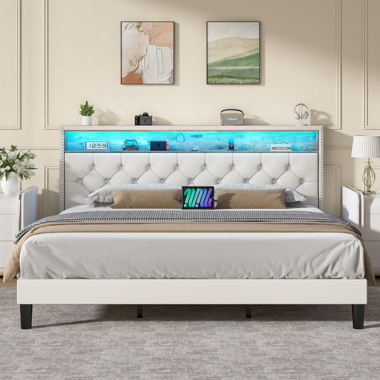 HOMBCK King Bed Frame with LED Lights, Velvet Upholstered Platform Bed with Storage Headboard and Charging Station, King Bed Frame with Diamond Design, Wood Slats Support, No Box Spring Needed, White HOMBCK