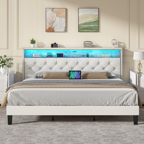 HOMBCK King Bed Frame with LED Lights, Velvet Upholstered Platform Bed with Storage Headboard and Charging Station, King Bed Frame with Diamond Design, Wood Slats Support, No Box Spring Needed, White HOMBCK
