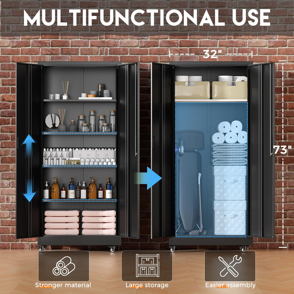 Greenvelly Metal Storage Cabinet with Wheels, 73” Black Metal Rolling Garage Cabinet with 2 Door and Adjustable Shelves,Locking Storage Cabinets for Garage Home Office Utility Room Greenvelly