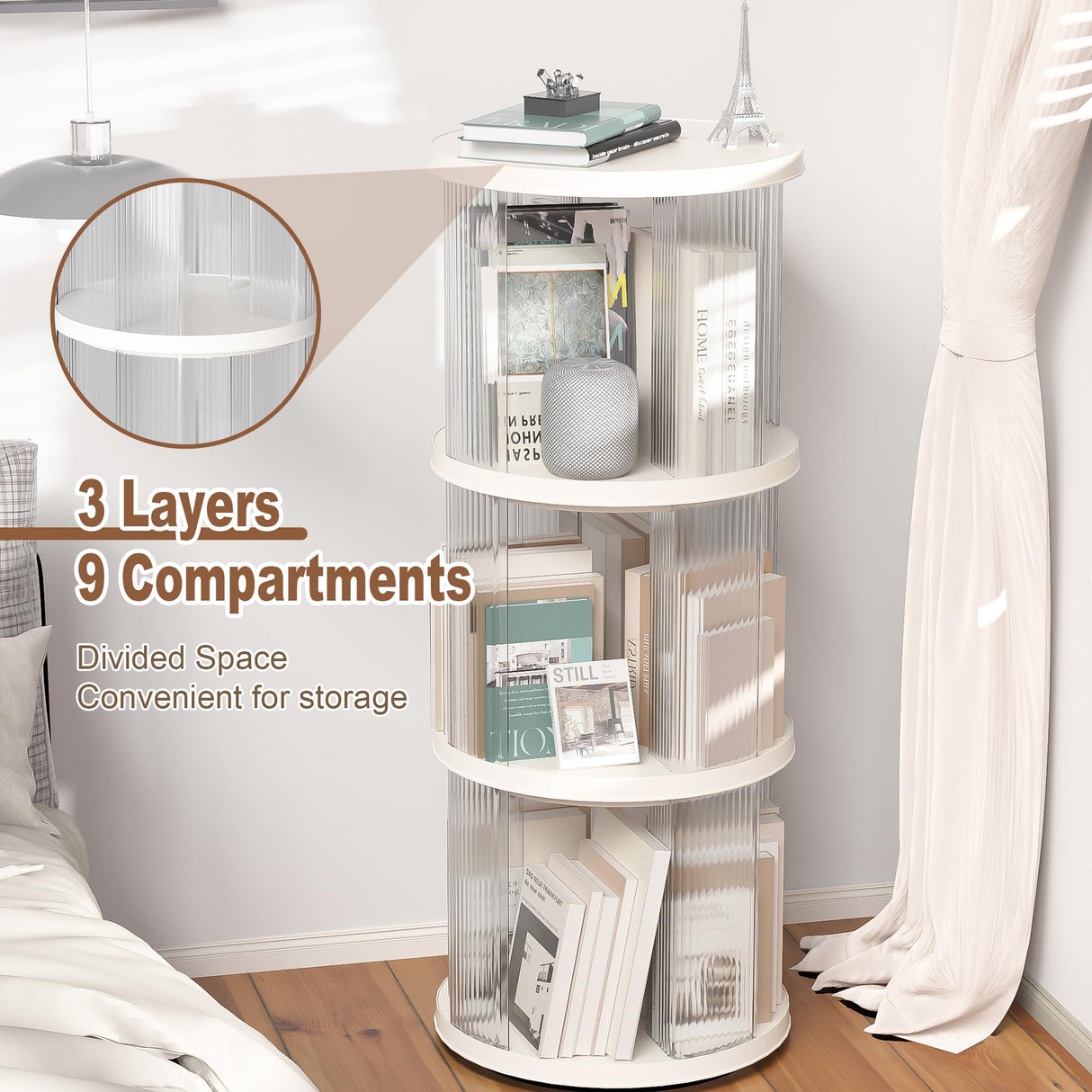 360° Rotating Bookshelf for Small Spaces, Display Rack, Modern Acrylic Corner Spinning Bookshelf with Turntable, 3 Tier Floor Standing Bookcase For Kids Adults, Book Organizer for Bedroom, Living Room Montary