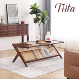 Tiita Rattan Coffee Table, Bamboo Accent Bedside Tables, Glass Nightstand Side Table, Boho Wooden End Table with Storage for Living Room,Living Room, Dining Room, Tea, Home Décor Tiita