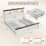 EnHomee Queen Bed Frame with Headboard and Storage, 4 Drawers and LED Built in Charging Station Bed Frame Queen Size with Storage Farmhouse, NO Noise,No Box Spring Needed, White EnHomee