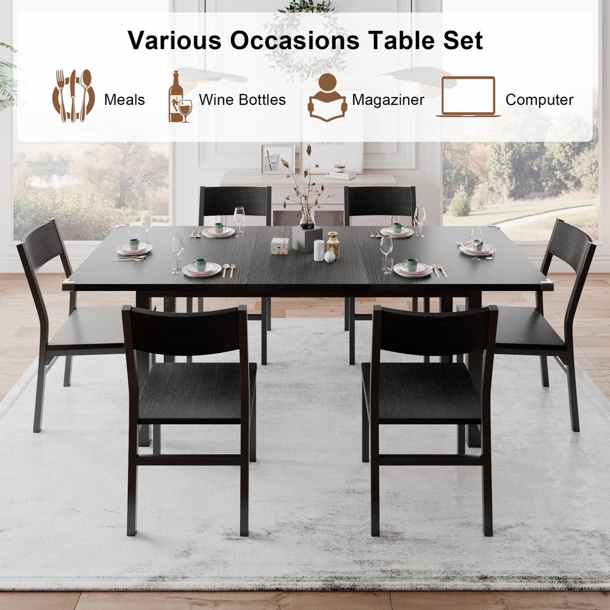 Einhomn 7-Piece Dining Room Table Set with 6 Chairs, 63" Extendable Dining Table & Chairs Set for 4-6, MDF Board & Metal Frame, for Kitchen, Dining Room, Black Einhomn