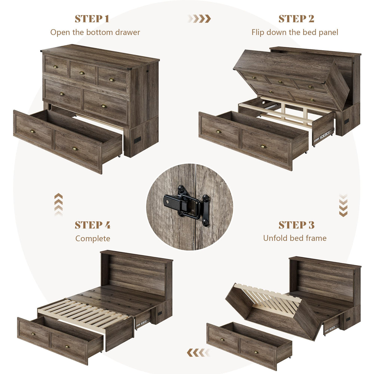 AMERLIFE Full Size Murphy Bed, Farmhouse Wooden Cabinet with Charging Station and Storage Drawer for Bedroom/Office/Guest Room, Grey Oak AMERLIFE