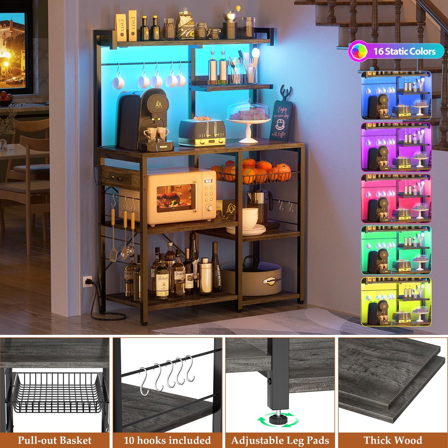 Aheaplus Bakers Rack with Power Outlet and LED Light Strings, Microwave Oven Stand Kitchen Storage Shelf with Wire Basket, Coffee Bar Station Island Table with 10 Hooks for Spices, Pots, Black Oak