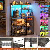 Aheaplus Bakers Rack with Power Outlet and LED Light Strings, Microwave Oven Stand Kitchen Storage Shelf with Wire Basket, Coffee Bar Station Island Table with 10 Hooks for Spices, Pots, Black Oak Aheaplus