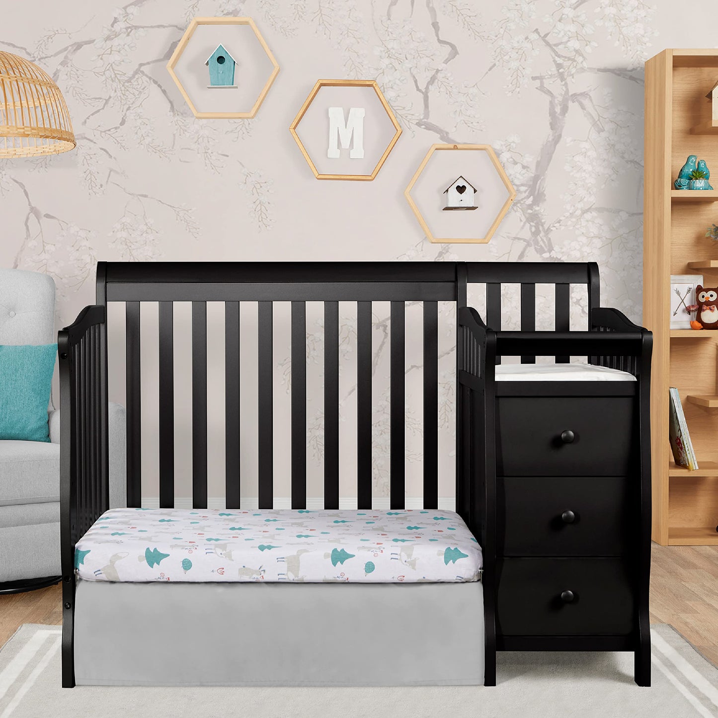 Dream On Me Jayden 4-in-1 Mini Convertible Crib And Changer in Black, Greenguard Gold Certified, Non-Toxic Finish, New Zealand Pinewood, 1" Mattress Pad