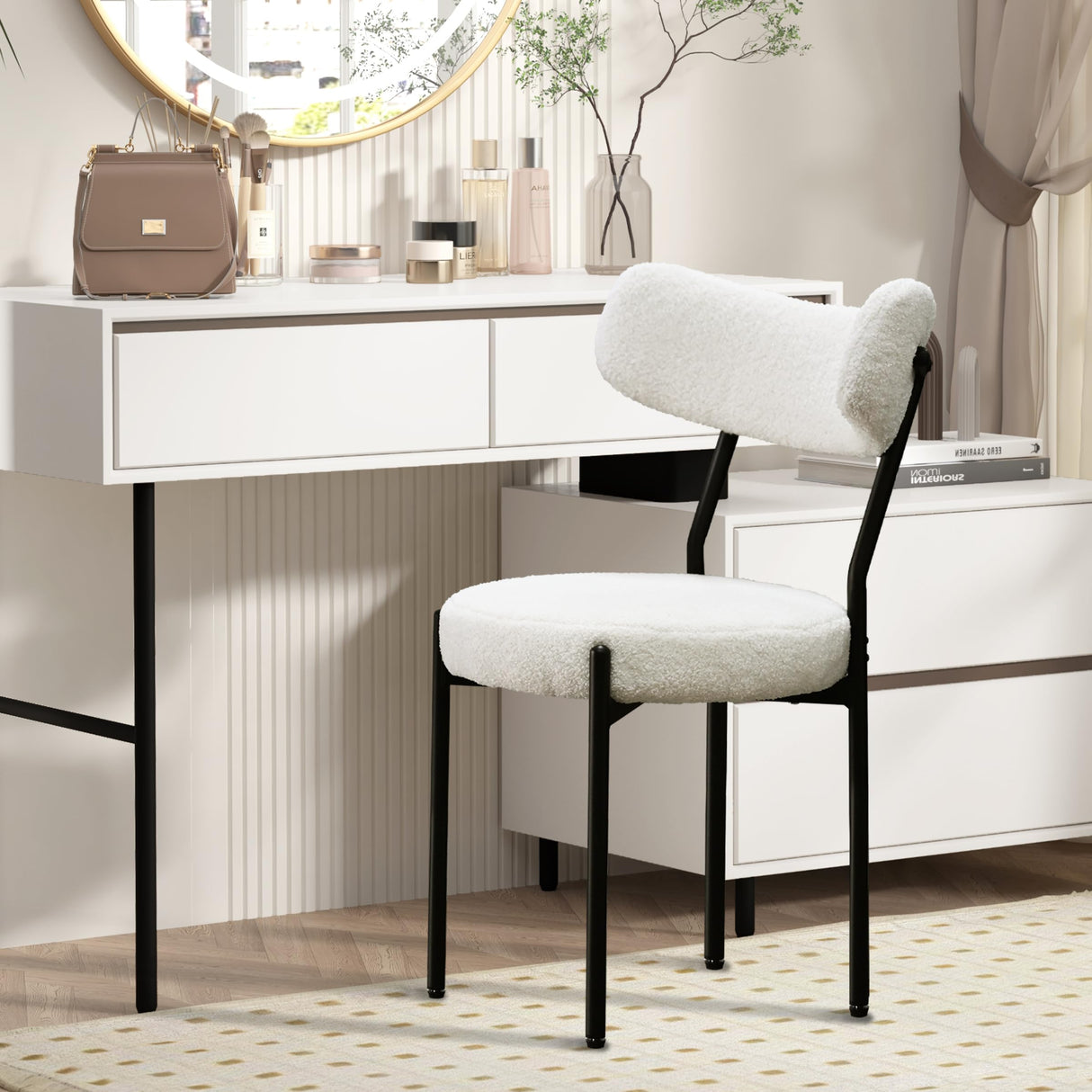 Orweiin Boucle Dining Chairs Set of 4, Upholstered Dining Chairs with Curved Backrest, Round Modern Dining Chair with Black Metal Legs for Dining Room, Vanity, White Orweiin