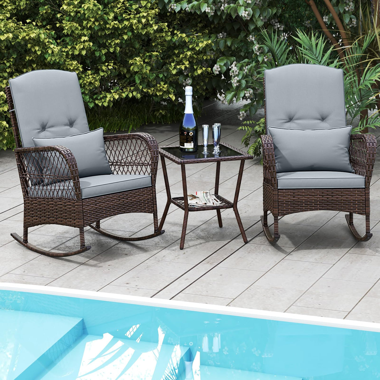 Tangkula 3 Piece Patio Rocker Set, Patiojoy Outdoor Wicker Rocking Chairs w/Double-Layer Coffee Table, Rattan Rocker Chair Set w/Seat Back Cushions & Pillows, for Porch, Backyard, Poolside (Grey) Tangkula
