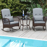 Tangkula 3 Piece Patio Rocker Set, Patiojoy Outdoor Wicker Rocking Chairs w/Double-Layer Coffee Table, Rattan Rocker Chair Set w/Seat Back Cushions & Pillows, for Porch, Backyard, Poolside (Grey) Tangkula