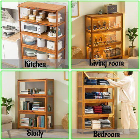 Small Curio Display Cabinet Wood with Acrylic Doors Display Case for Collectibles Figures Storage Shelves for Bedroom Storage Cabinet Toy Organizers Rack & Kids Bookcase,Brown,3 Tier_Flip Up Door NENAGGE