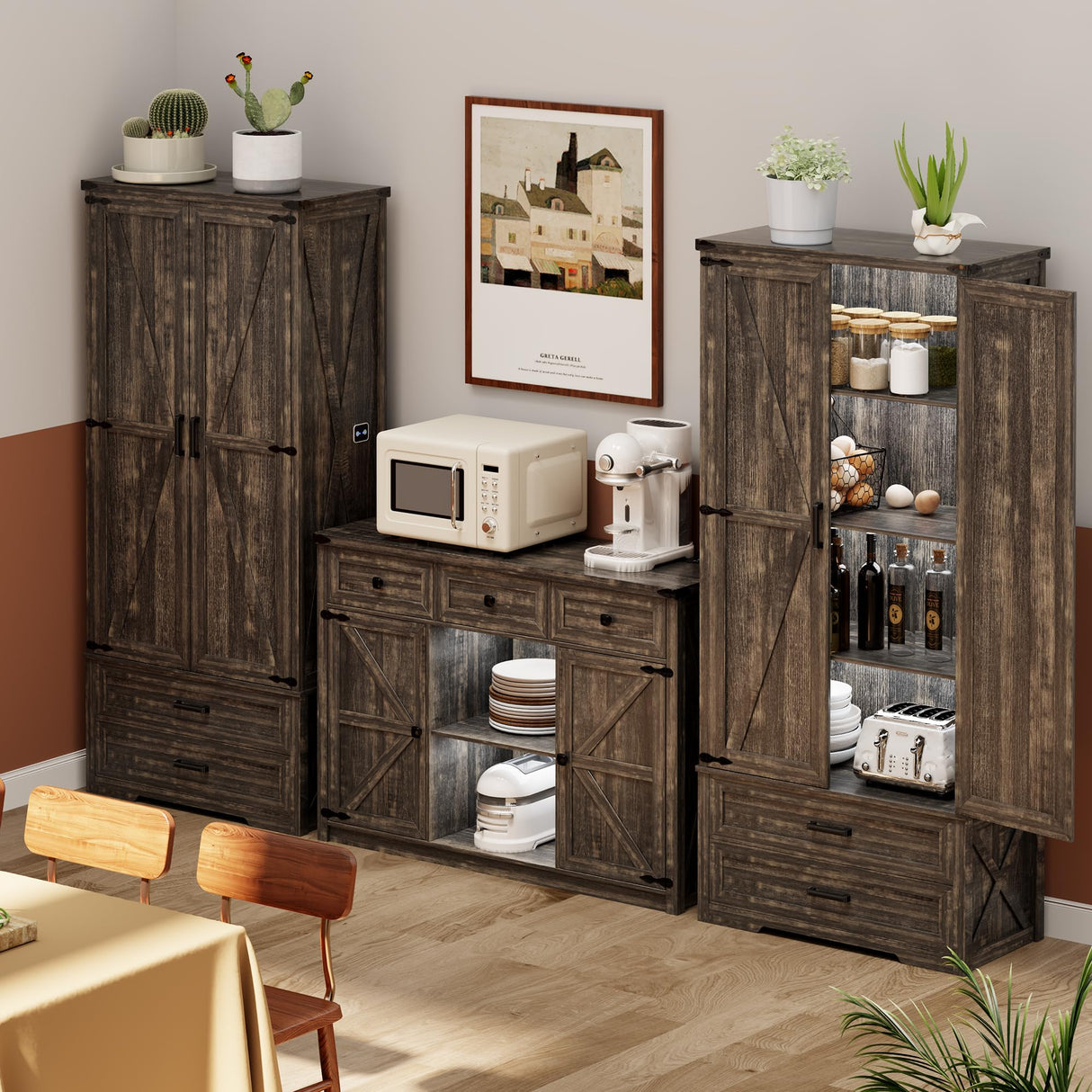 GlasFlength Pantry Adjustable Shelves Tall Farmhouse Storage Cabinet with 2 Drawers&Doors, 69" Rustic Wood Cupboard with LED Light, Brown GlasFlength