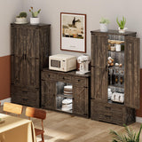 GlasFlength Pantry Adjustable Shelves Tall Farmhouse Storage Cabinet with 2 Drawers&Doors, 69" Rustic Wood Cupboard with LED Light, Brown GlasFlength