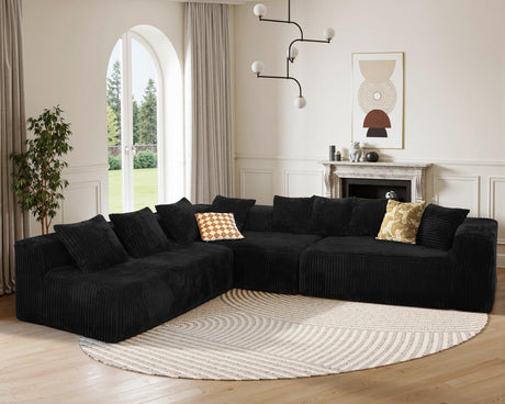 130" Cloud Boneless Sectional Couches for Living Room, U Shaped Sleeper Sofa Bed with Deep Seat Chaise, High Density Foam Compression Sofa, Modular Black Corduroy Couch with 8 Pillows No Assembly CAPCAEK