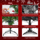 Goplus 5ft Pre-Lit Christmas Tree, Artificial Hinged Xmas Tree with 200 Warm-White LED Lights, 8 Lighting Modes, 450 Branch Tips, Red Berries & Pinecones, for Holiday Party Office Home Decor Goplus