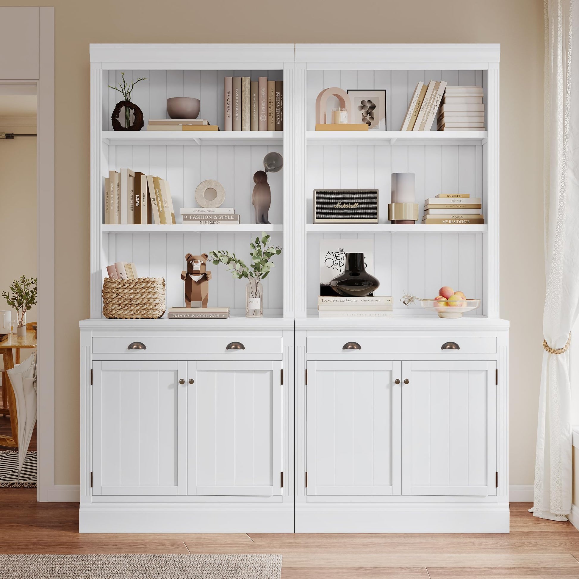 LUMISOL Modern White Pantry Sideboard Set with LED, 84” Tall Storage Cabinet and Bookshelf with 4 Doors and 2 Drawers - WoodArtSupply