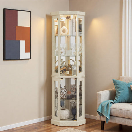 Trygoal 70" H Lighted Corner Curio Cabinet, Curio Cabinet with Tempered Glass Doors and Shelves, Corner Display Case with Light Bulb for Living Room, Dining Room, Antique White Trygoal