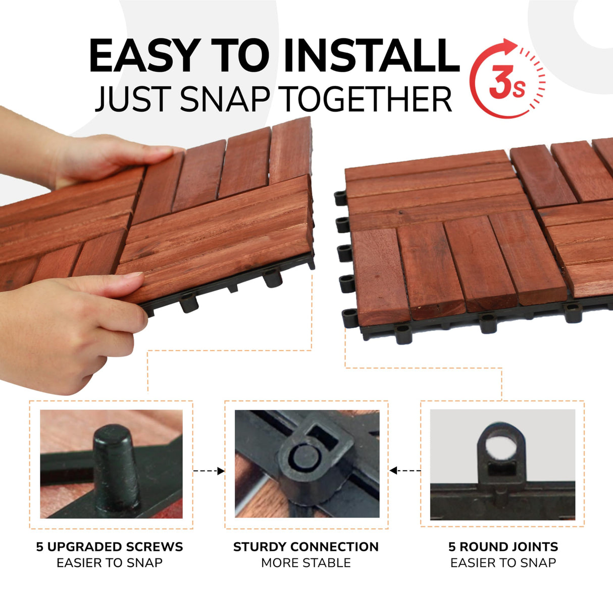 CLOVERHOLM Interlocking Deck Tiles-10PCS Waterproof Acacia Wood Patio Tiles, Easy Snap Flooring Tiles for Indoor and Outdoor,Balcony, Entry, Poolside Tiles, 12”x12”, 10sq.ft per Box, Teak CLOVERHOLM