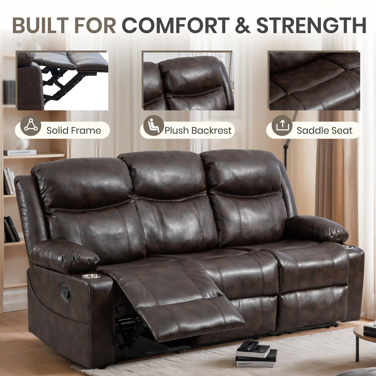 CALIVIA Manual Reclining 3-Seater Sofa with Heat & Massage, PU Leather Recliner Couch for Living Room, Faux Leather Upholstery, Deep Cushions & Sturdy Frame (Brown) CALIVIA