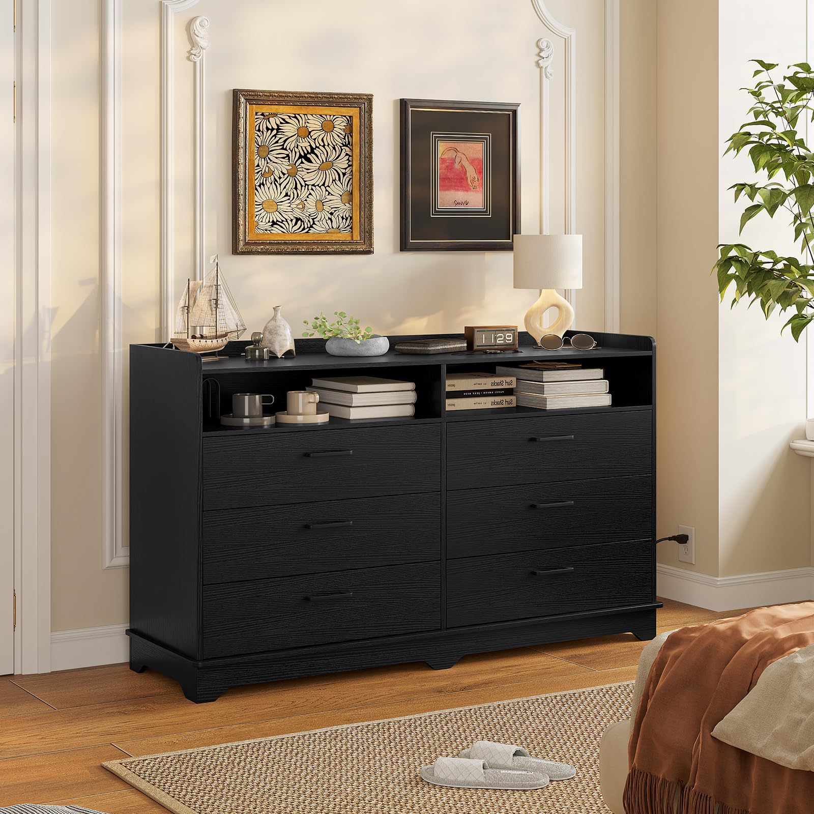 Hasuit 6 Drawers Dresser for Bedroom, Modern Chests of Drawers, Black Double Dresser with Drawers and Cubby, 14.6" D x 46.1" W x 33.6" H - WoodArtSupply