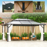 oneinmil 12x16FT Outdoor Polycarbonate Gazebo, Heavy Duty Double Roof Hardtop Gazebo with Aluminum Frame and Netting and Curtains for Patios oneinmil