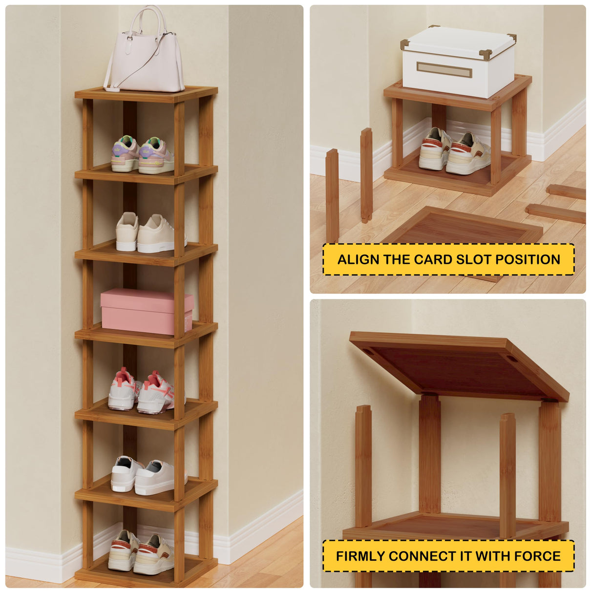 ZUJJAFY Bamboo Shoe Rack for Entryway, Vertical Shoe Rack 7-Tier Tall & Narrow Shoe Shelf for Small Spaces, Free Standing Corner Shoe Rack Organizer for Front Door Entrance Closet Bedroom and Garage ZUJJAFY