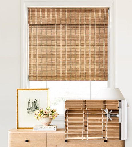 LazBlinds No Tools No Drill Cordless Bamboo Roman Shades, Light Filtering Window Treatment, Roll Up Bamboo Blinds for Windows, 35" W x 28" H, Brown LazBlinds