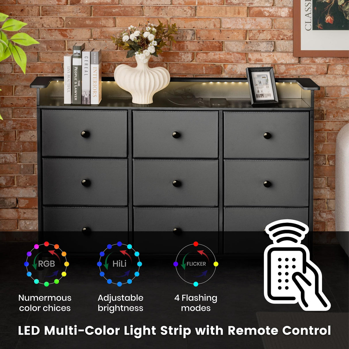 XCHAA Black Dresser with LED Lights and Power Outlet, 9 Drawers Fabric Dresser for Bedroom, Chest of Drawers for Closet, Entryway, Dressing Room, Living Room 49.6" Wide XCHAA