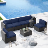 SUNCROWN 7-Piece Outdoor Patio Furniture Sofa Set All-Weather Wicker Sectional Conversation Set with Modern Glass Coffee Table and Cushions-Dark Blue SUNCROWN