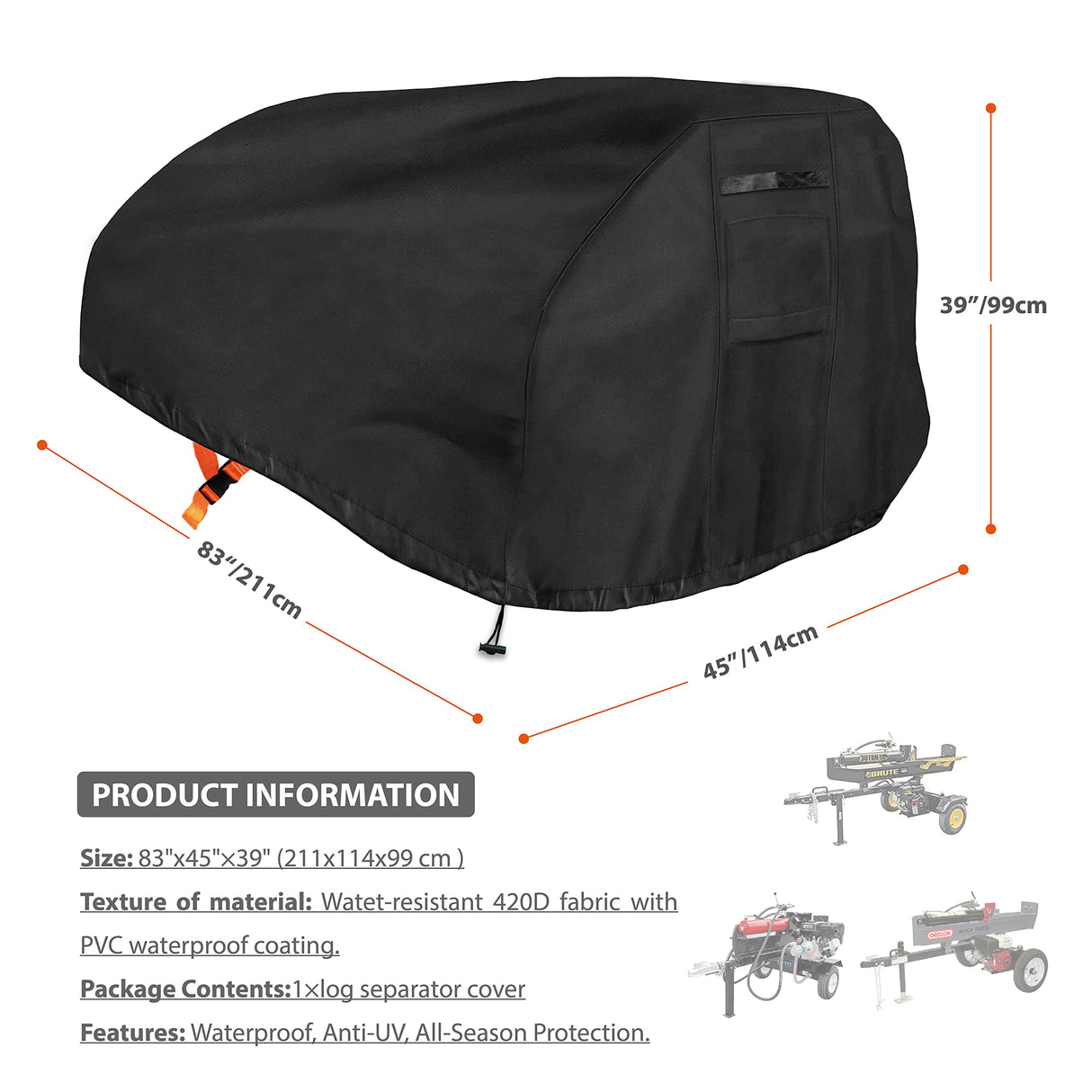 Aaaspark Heavy Duty Log Splitter Cover, Waterproof Oxford Cloth, for 15-45 Ton Gas or Electric Log Splitters, 83" x 45" x 39", Weather Resistant Storage Cover, Easy to Clean, Black Aaaspark