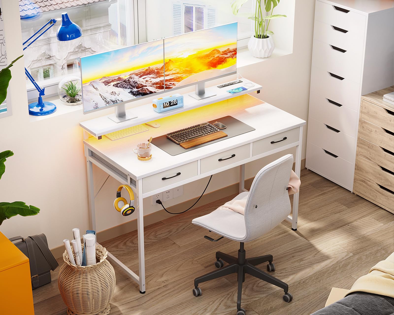 ODK 48 Inch Computer Desk with 3 Drawers and USB Power Outlets, Home Office Desks with LED Lights and Adjustable Monitor Stand, Work from Home, Modern Work/Writing/Study Table for Bedroom, Wh - WoodArtSupply