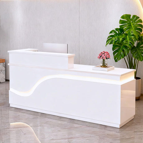 Reception Desk, Front Desk Receptionist Counter With Lockable Drawer & Cabinet & Keyboard Tray & Cable Grommet, With LED light, Retail Checkout For Office, Soho, Shop, Salon (All White - R, 63in) Nykto