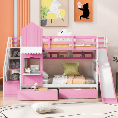 NCKMYB Bunk Bed with Slide Twin Size Castle Bunk Bed with Storage Shelves and Staicase, Tree House Bunk Bed for Boy Girl, Pink