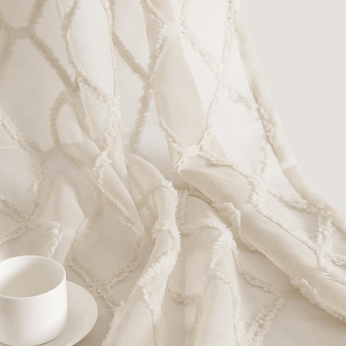 Beige Sheer Curtains 84 Inches Long for Living Room Rod Pocket Back Tab Sand Taupe Tan Semi Sheer Curtain Geometric Embroidered Tuft Pom Textured Drapes Earth Tone Farmhouse Rustic Bedroom Nursery Hokibero