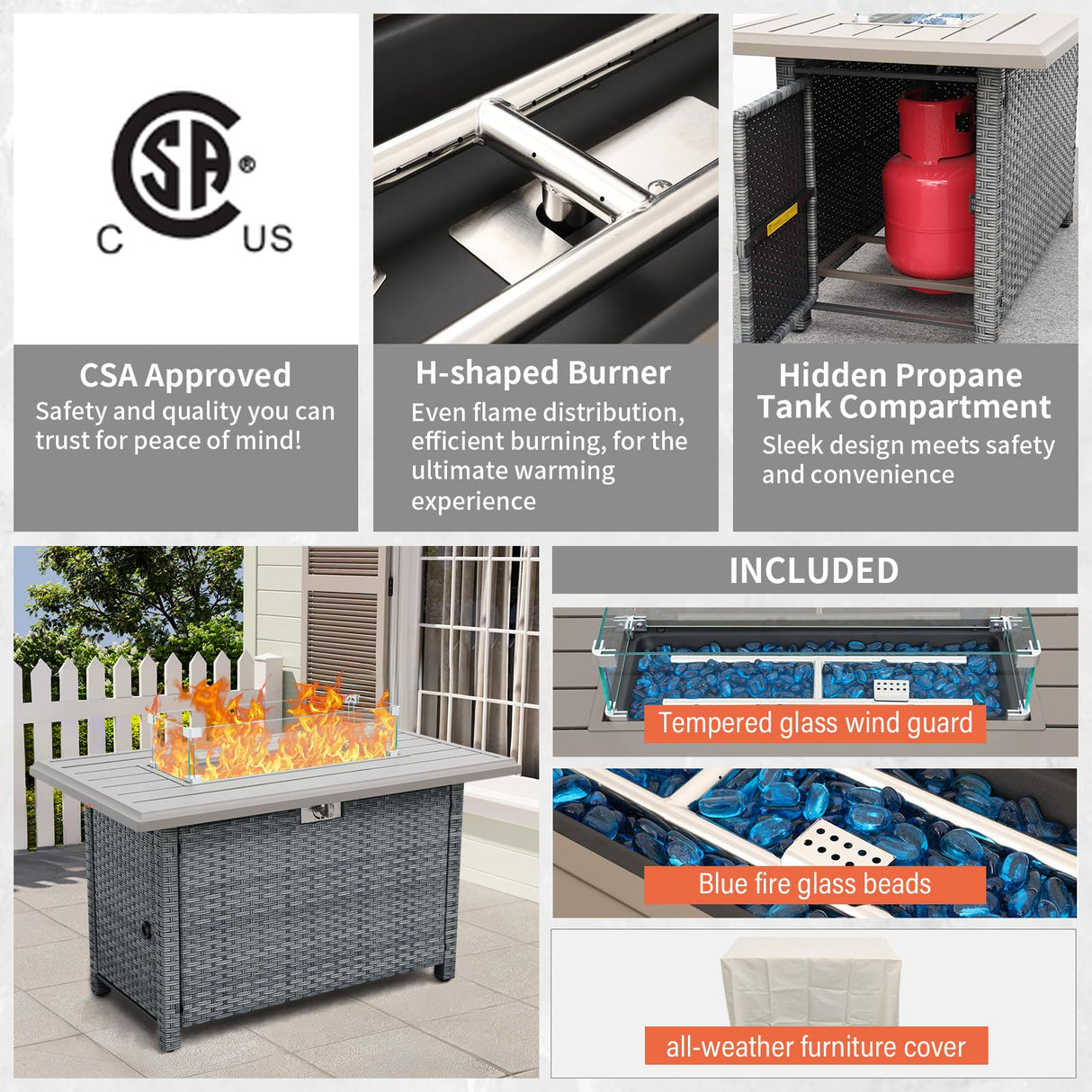 Lviden 5 Piece Wicker Patio Furniture Sets Outdoor Conversation Set, PE Rattan Sectional Sofa Couch with 45" Fire Pit Table and Non-Slip Grey Cushions, Furniture Covers Included Lviden